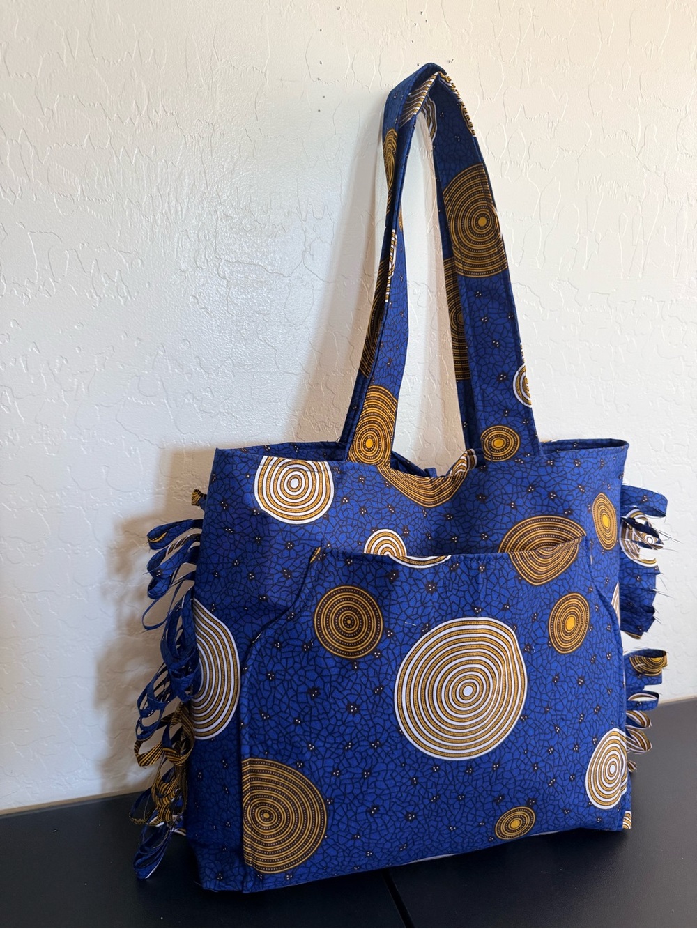 Blue & Gold Circular-Print Tote Bag with Front Pocket